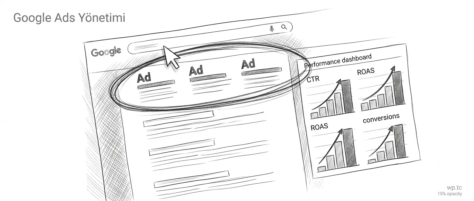 Google Ads yönetimi — arama ve alışveriş kampanyası performans dashboard ekranı